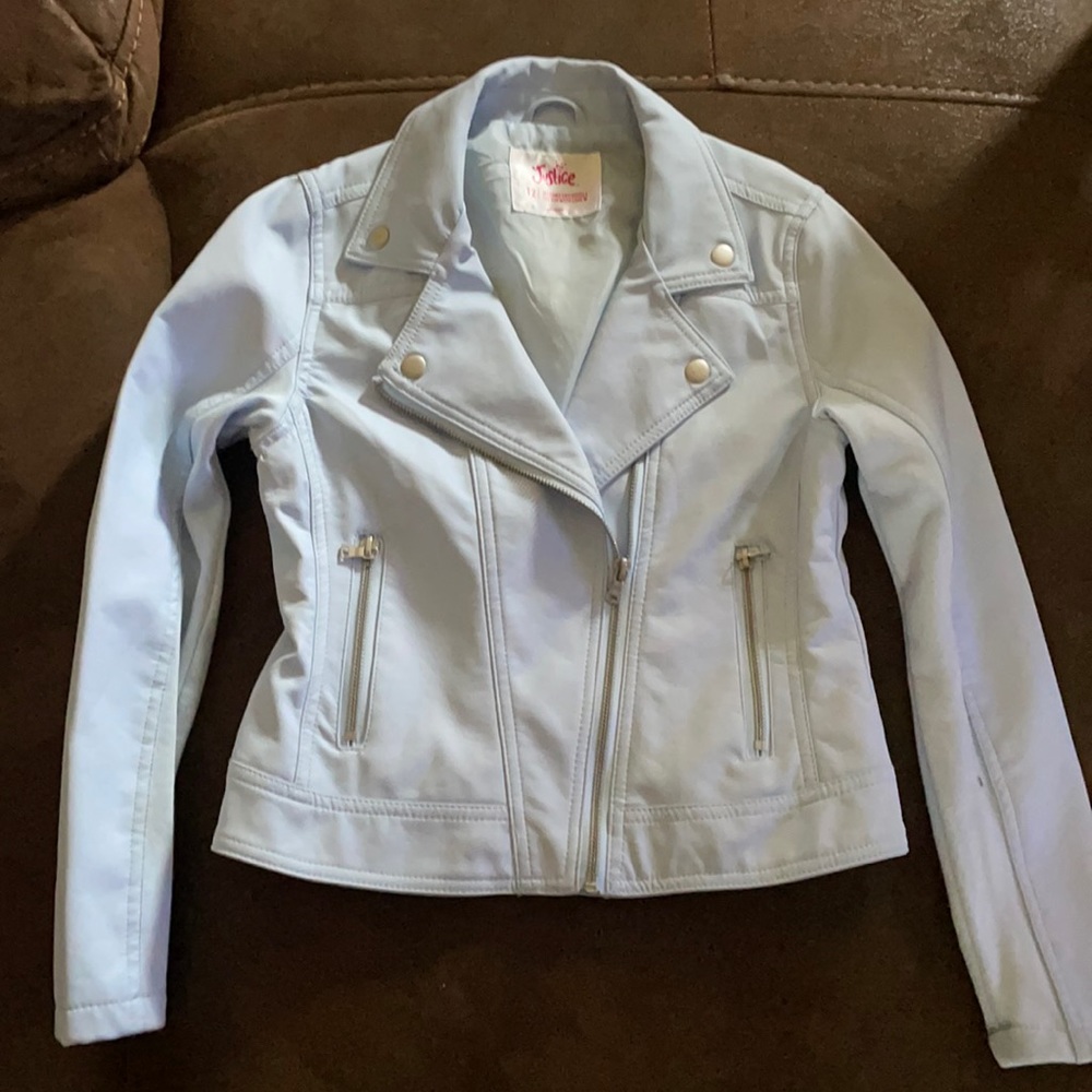 Justice light blue biker jacket. Girls size 12.